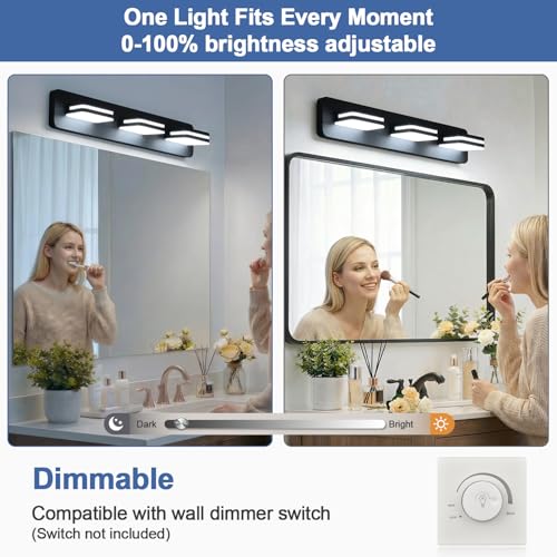 Image of Torondo 360 Rotate LED Bathroom Vanity Light Fixtures, Acrylic Vanity Lights for Bathroom, Modern Wall Lighting Fixtures Over Mirror Living, Matte Black, 100%-0% Natural White, 3-Light, 17-Inch