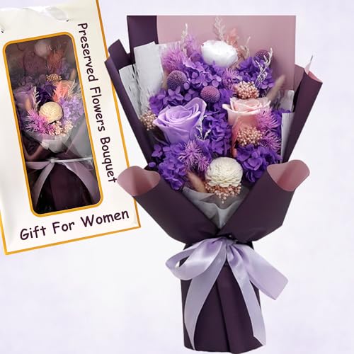 Preserved Flowers Bouquet - Purple Forever Flowers With Eternal Roses & Purple Hydrangea, Flowers For Delivery Prime, Gifts For Women Birthday Unique, No Vase, Regalos De Cumpleaños Para Mujer