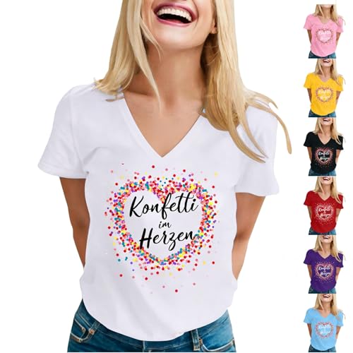Konfetti im Herzen T-Shirt Damen - Konfetti im Herzen bunt Herz Geburtstag Karneval Fasching Fastnacht Damen T-Shirt mit V-Ausschnitt