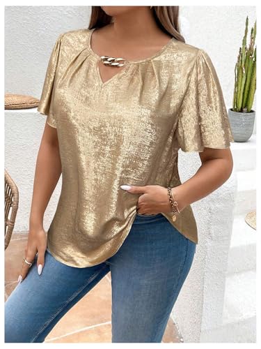 Floerns Women's Plus Size Flounce Short Sleeve Keyhole Neck Party Blouse Tops4