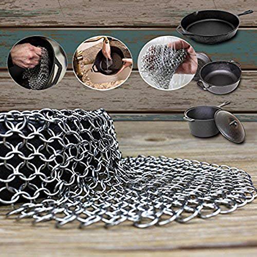 Image of Cast Iron Cleaner Stainless Steel Chainmail Scrubber Cast Iron Skillet Cleaner for Cast Iron Pan, Griddle Pans, BBQ Grills, Dutch Ovens and More Pot Cookware, with Dishcloth (8x8 Inch)