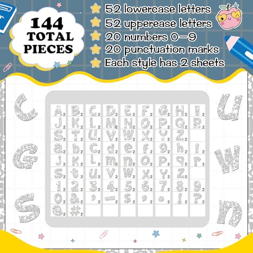 Image of Colarr 144 Pcs Glitter Bulletin Board Letters for Classroom Number Alphabet Punctuation Symbol Cutout 4'' Die-Cut Poster Letter with Adhesive Dot School Party Holiday Decor Display(Silver)