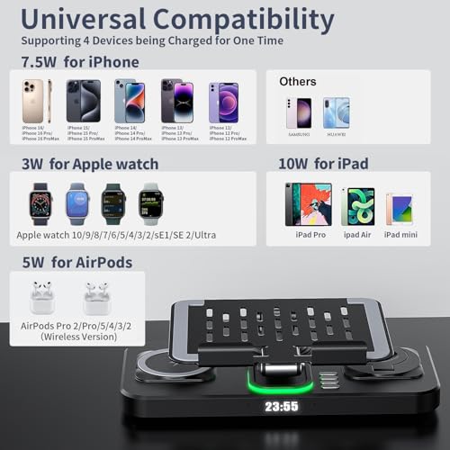 Image of Wireless Charger for Apple Multiple Devices, Charging Station with Clock &7 Color Ambient Light, Foldable Rotate Stand for iPad, for iPhone16 /15 /14, for Apple Watch10 /9 AirPods4 (Adapter Not Included)