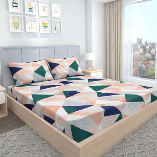 Image of BEVI Home Super Fabric 300 TC Microfiber Double King Size Bedsheet Without Pillow Cover - Printed Green Triangle - Size 90x95 Inches