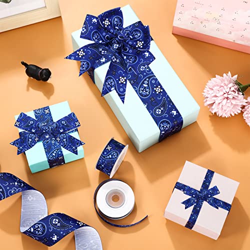 Bandana Canvas Ribbon Blue 3 Rolls 0.4 Inch 0.87 Inch 1.5 Inch Grosgrain Fabric Ribbon Decorative Ribbon For Gift Wrapping Diy Bow Craft Flower Party Decor, 15 Yards Spool #TOP2