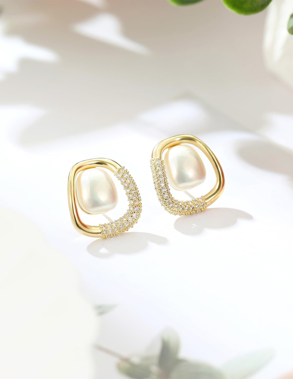 14K Gold Plated Shell Pearl Rhinestone Stud Earrings for Women Jewelry - Image 5