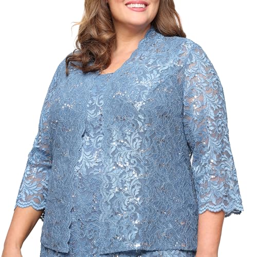 Image of S.L. Fashions Women's Tea Length Sequin Lace Mother of The Bride Dress with Illusion Sleeve Jacket