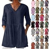 Primedays Leinenbluse Damen, Blusenshirt Langarm Sommer Leinen Shirt Sommerblusen Leicht Strand Tunika Luftig Boho Elegante Oberteile Tshirt Longshirt Blusen & Tuniken Für Damen