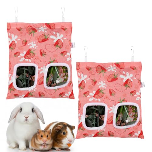 Elegaperma 2pcs Bunny Hay Bag 2-Hole Rabbit Hay Bags 13.78 X 9.45in Hay Bag for Guinea Pigs Hanging Guinea Pig Hay Holder for Guineas Pigs Bunny Small Pets (Pink Strawberry)