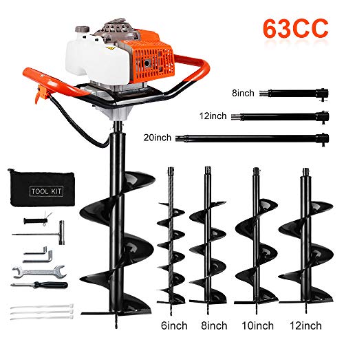 ECO LLC Hand-Held Gas Powered Post Hole Digger, 63cc, With Auger Combo Auger