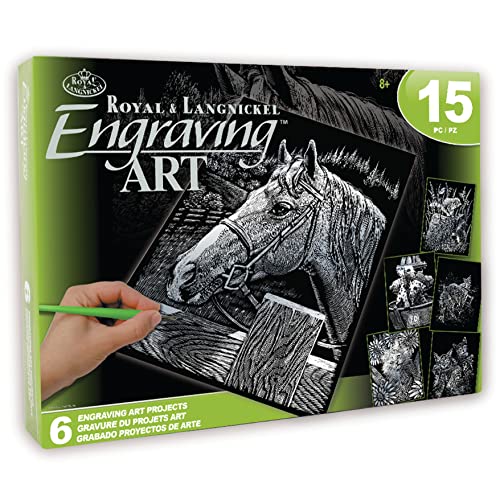 Pracht Creatives Hobby Royal & Langnickel - Kratzbilder Set Haustiere, Silber, 6 Bilder, Pferd, Hundewelpen und Co, Kratzbilder für Kinder und Erwachsene, mit 2 Kratzstiften und Vorlagen