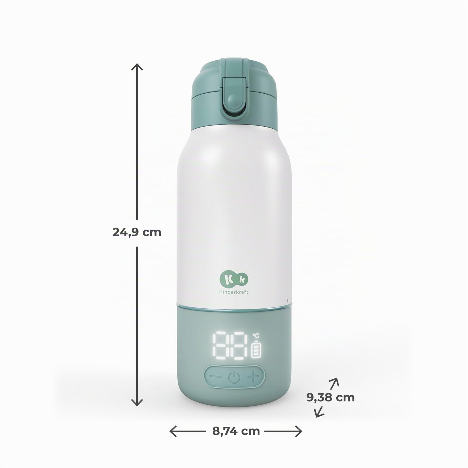 Kinderkraft GAJA, calentador de leche portátil y termo 2 en 1, 500 ml, para bebé y viaje, USB-C, 5 temperaturas, calentamiento rápido en 120 s, hasta 20 h, Verte