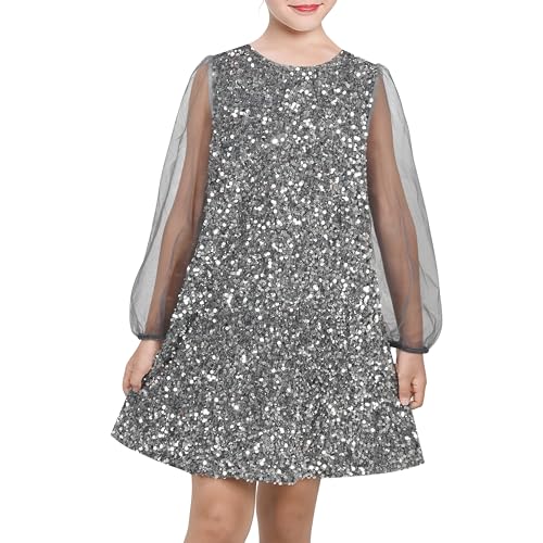 Sunny Fashion Girls Dress Gray Sparkle Mesh Long Sleeve Elegant Formal Party Wedding Age 6 Years