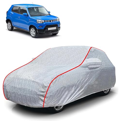 Image of Sulfar 100% Waterproof Car Body Cover Compatible with Mirror for Maruti Suzuki S-presso (Triple Stitched, Full Bottom Elastic, Magic Silver with Red Piping)