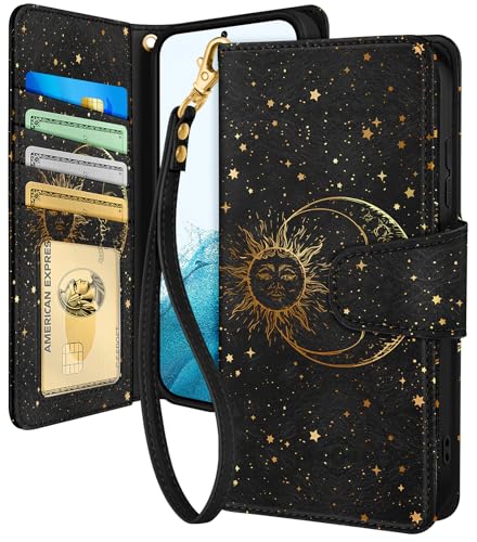 Toycamp for Samsung Galaxy S21 Wallet Case with Wrist Strap - Leather Flip Folio Cover with RFID Blocking 4 Card Slots Galaxy Samsung S21 Cute Aesthetic for Women Lady Black Sun Moon
