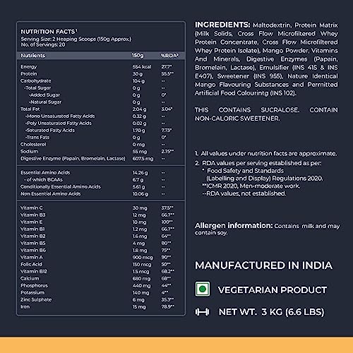 Image of Nutrabay Gold Bulk Up Mass Gainer Powder - 3kg, Mango | 30g Protein, 104g Carbs, 554 Calories | Easy to Digest | 100% Veg Muscle Building & Weight Gainer Supplement for Men & Women