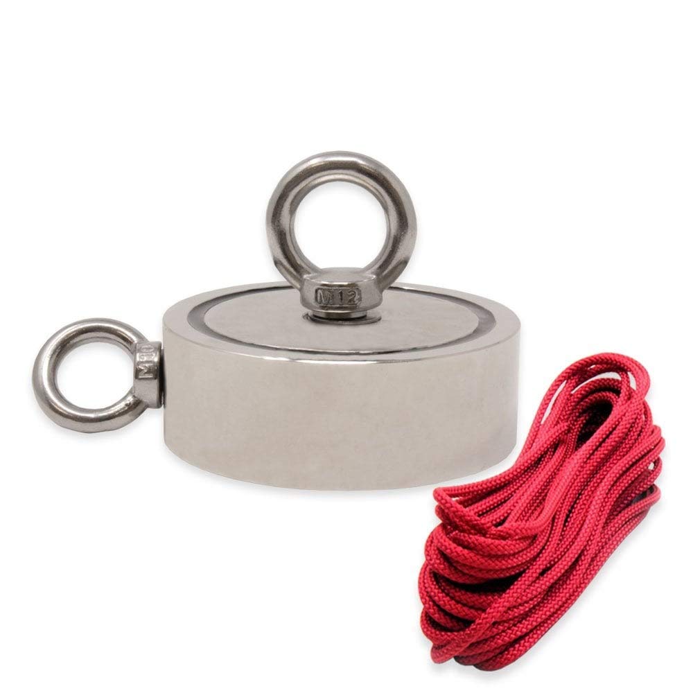 N42 Magnete In Pentola In Neodimio Con 1X M12 E 1X M10 Eyebolt E 10 M Di Corda Per Pesca A Magnete, Recupero E Caccia Al Tesoro - 116mm Dia x 32mm - 400kg