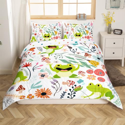 Erosebridal Kawaii Frog Duvet Cover Mushroom Floral Twin Bedding Sets for Boys,Cartoon Animal Comforter Cover Watercolor Flowers Leaves Toddler Bed Set for Girls Kids Children,Cute Room Deco