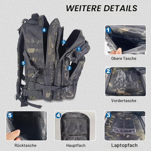 Militär Rucksack Herren,45L Groß Rucksack Wasserdicht Outdoor Assault Survival Wanderrucksack Herren… – Ansicht 3