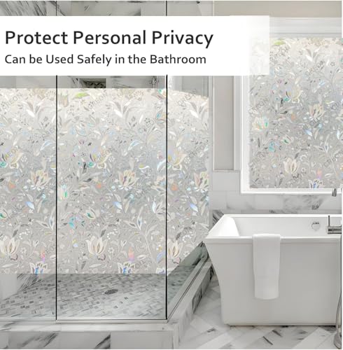 Image of CREON Frosted Privacy Window (24 X 82 Inch) Film with Tulip Flower Pattren & Stained Glass Design, Adhesive-Free for Home, Bathroom & Office