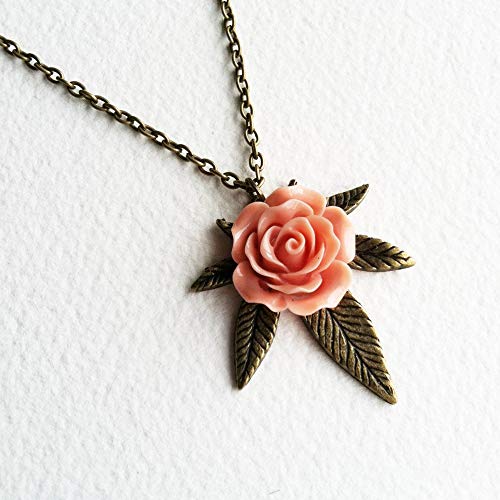 Marijuana Rose Necklace, Cannabis Jewelry, Bronze, Marijuana Jewelry, Marijuana Gift, Coral, Pink, Weed, Cannabis, Brass Necklace, Vintage
