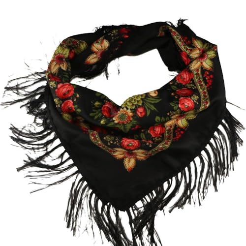 Russian Style Scarf - 35 x 35 inch, Polyester Floral Printed Long Tassel Large Square Shawl - Traditional Retro Ukraine Style2