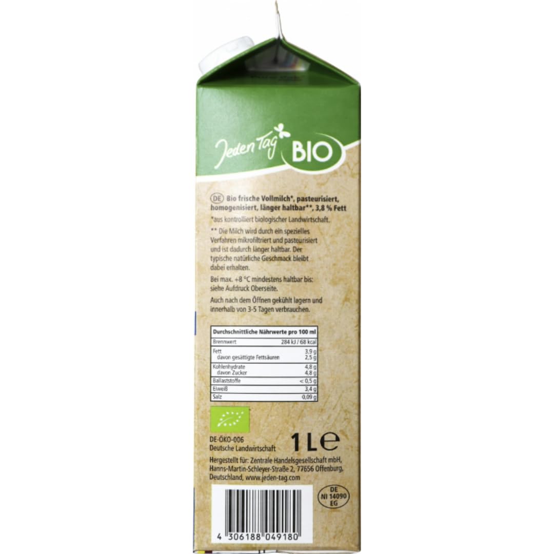 Jedden Tag Frische Vollmilch milch 3,8% Fett pasteurisiert, homogenisiert,länger haltbar 1000 Mililiter, 24 Er [ Frische Milch ]