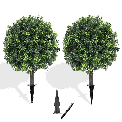 LXNRMHCH 27.2' Artificial Boxwood Topiary Set of 2 with Spike, Fake Plants Boxwood Balls Greenery...
