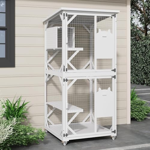 LOVMOR 71 Outdoor Catio Enclosure with Portable Cats Tunnel Napping House & Waterproof Roof 71 Cats Patio House of Wooden w/Removable Wood Bottom & Easy Clean Layer