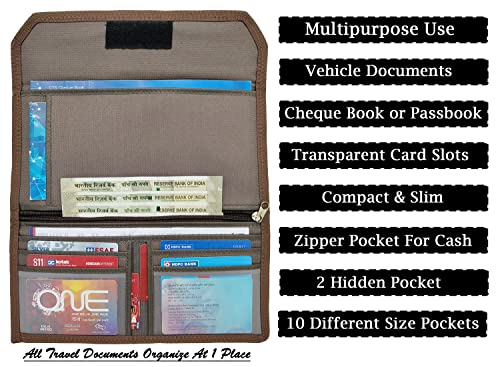Image of Unisex Design Cheque Book or Card Holder or Travel Organizer or Vehicle Documents Holder with Multi 10 Pockets for Multipurpose Use (Mat Brown)