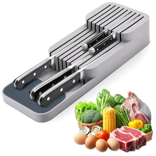 Messer Organizer Schublade Messerblock ohne Messer Verbesserte Messerblock für Schublade Schubladen-Organizer & Küchenhelfer für Schubladen Arbeitsfläche Küche Büro Werkstatt(Grau)