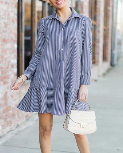 Image of YEXPINE Women's Tunic Mini Shirt Dress Cotton Linen Long Sleeve Button Up Ruffle Hem Loose Casual Summer Pockets Shift Dress
