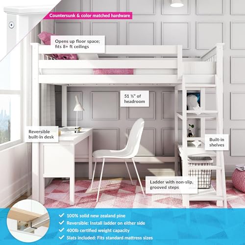 Image of Max & Lily High Loft Bed, Twin Bed Frame for Kids With Bookcase and Desk, White