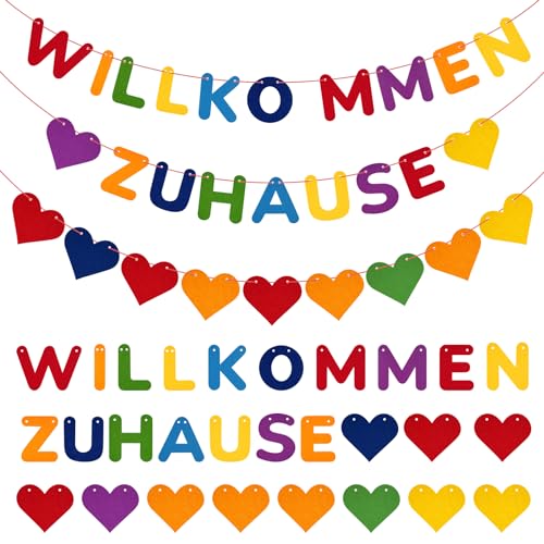 Willkommen Zuhause, Welcome Home, Herzlich Willkommen Girlande, Willkommen Zuhause Banner für Einweihungsparty, Familie Party, Babyshowerparty Deko (Regenbogenfarben)