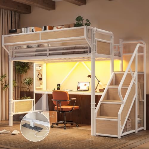 Image of Bellemave Twin XL loft Bed with Storage Stairs, Wardrobe, Shelves, Metal Twin XL Loft Bed Frame for Adults, Kids, Teens, White+Natural Wood with Stairs