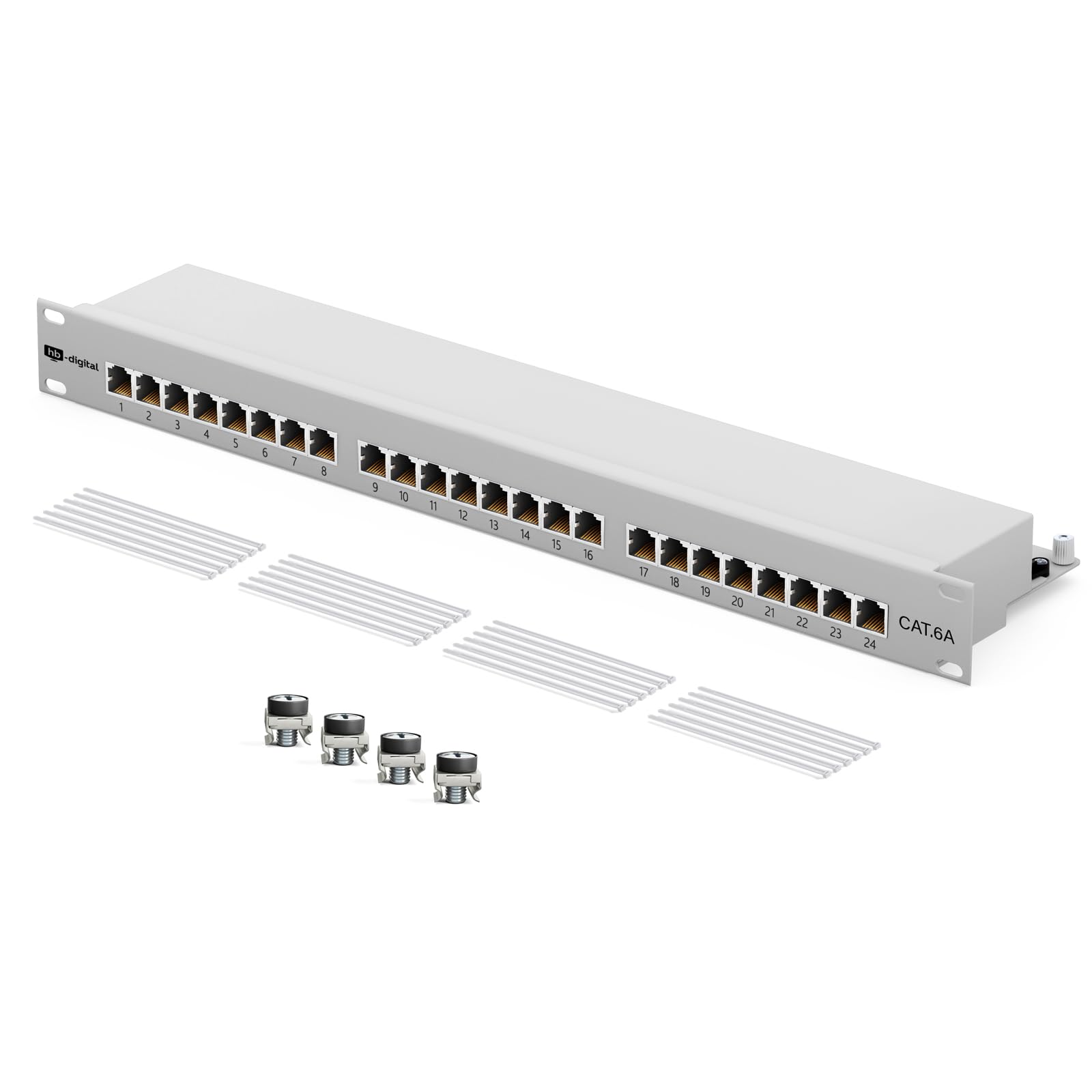HB-DIGITAL CAT 6a Patchpanel Verteilerfeld Patchfeld 19" Zoll 24-Port 10 Gbps vollgeschirmte RJ45 Buchsen LSA-Leisten Schneidklemmen AWG 22-26 TIA568A + TIA568B PoE++ Unterstützung - Hellgrau