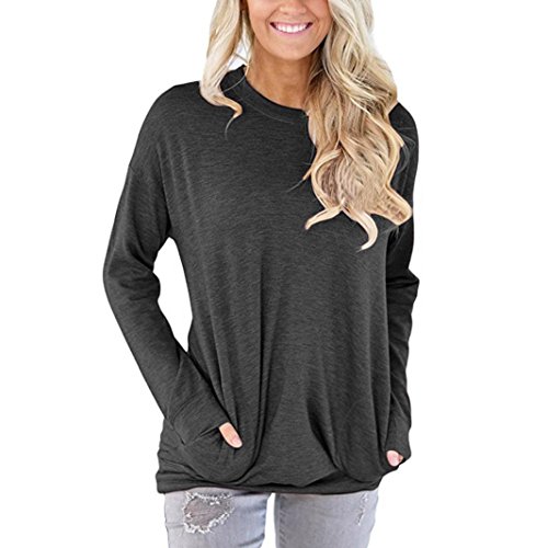 Women Tops,kaifongfu Casual Long Sleeve Cotton Solid Loose Pockets T-Shirt Blouses (M, Black)