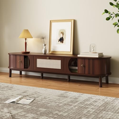 Lahoomu TV-Schrank, Fernsehschrank mit Türen aus Naturholz und Schubladen aus Rattan, Natürliche Aufbewahrungslösungen für EIN Rustikales Ambiente