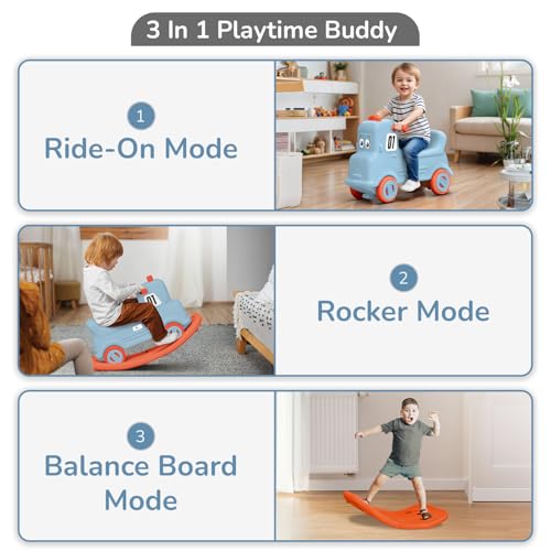 R for Rabbit Rock N Ride 3 in 1 Baby Push Ride-On Car with Rocker & Balance Board Mode | Non-Toxic, Durable and Safe Rocking Horse Rider for Kids 1-4 Years Age, Upto 20kgs Weight (Blue Orange) - Image 2