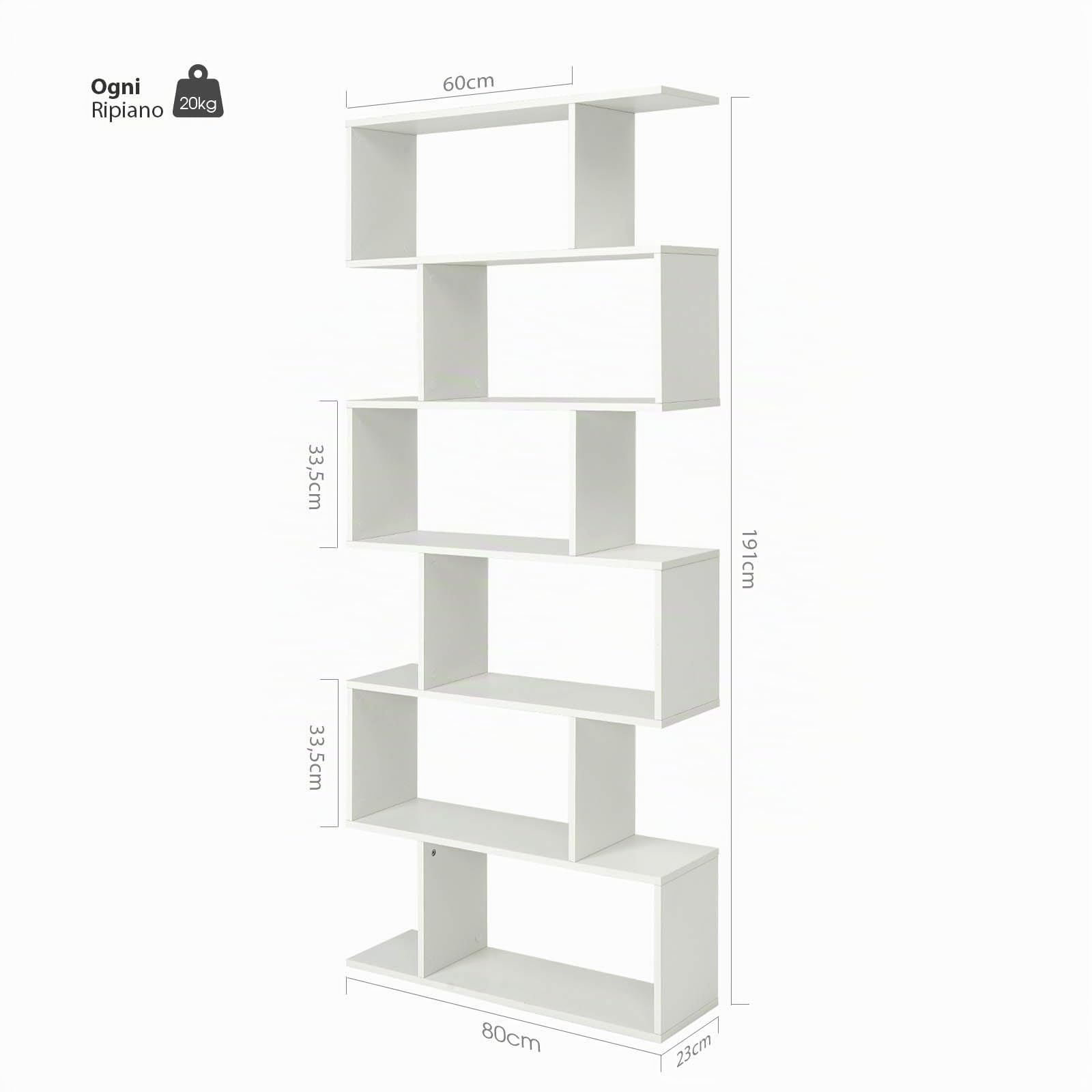GYMAX Libreria da Parete a 6 Livelli in Legno, Scaffale Libreria a Forma di S, Salvaspazio e Multiuso per Soggiorno Salotto Casa o Ufficio (Bianco, 192x80x23 cm)