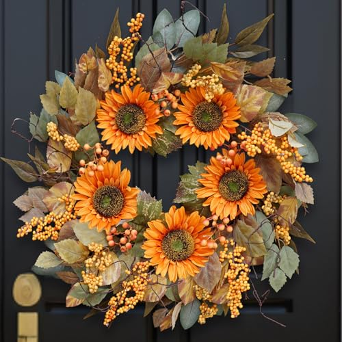 Pinkpuii P7F001 Fall Wreaths For Front Door 22 Inch- Artificial Silk Autumn Sunflower Wreath,Full&Realistic Fall Door Wreath thumb #5
