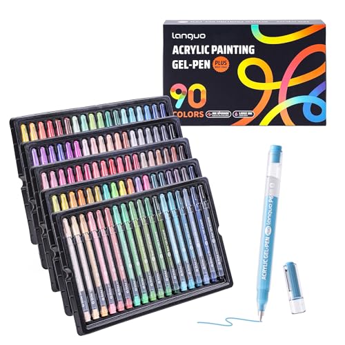 languo Acrylic Gel Pens for Colouring 90 Colours Set 3D Acrylic Paint Pens with 1mm Bullet Tip Coloured Gel Pens for Black Paper Rock Glass Fabric DIY and Arts & Crafts Supplies