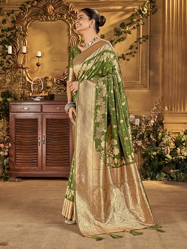 Image of Mehrang Women's Banarasi Silk Kanjivaram Saree For Wedding With Pure Zari Work, Woven Design, With Unstitched Blouse Piece