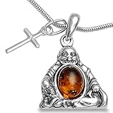Schmuckset für Damen und Herren: bestehend aus einem Kreuzanhänger & Buddha Anhänger und einer feinen Schalngenkette ca. 40 45 50 55 cm X 1,4mm , Verschlusskarabiner inkl. Geschenkbox,alles aus feinstem 925er Sterling Silber , mit garantiertem 100% Bernstein besetzt.