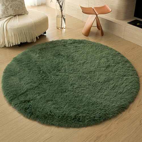 Swsen Tapis de Salon Rond, Super Doux, Shaggy, Moelleux, Dessous antidérapant, Moderne, Lavable, à Poils Longs 50 cm Diamètre, Vert Foncé