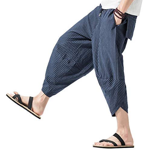 Prijouhe Men's Harem Capri Pants, Wide Leg Mens Capris, Summer Linen Pants B-Navy #TOP2