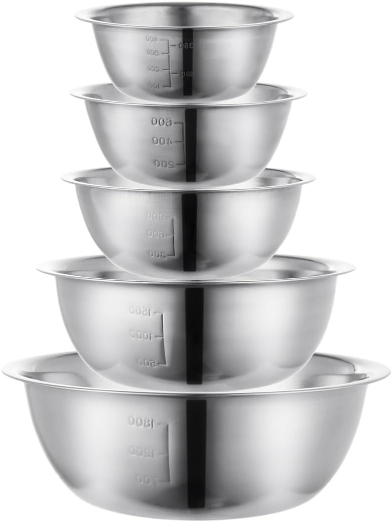 5-Piece Mixing Bowl Set in Stainless Steel, Nesting Bowls of Varied Sizes for Efficient Storage, Ideal for Outdoor Picnics, Home Cooking, and Baking