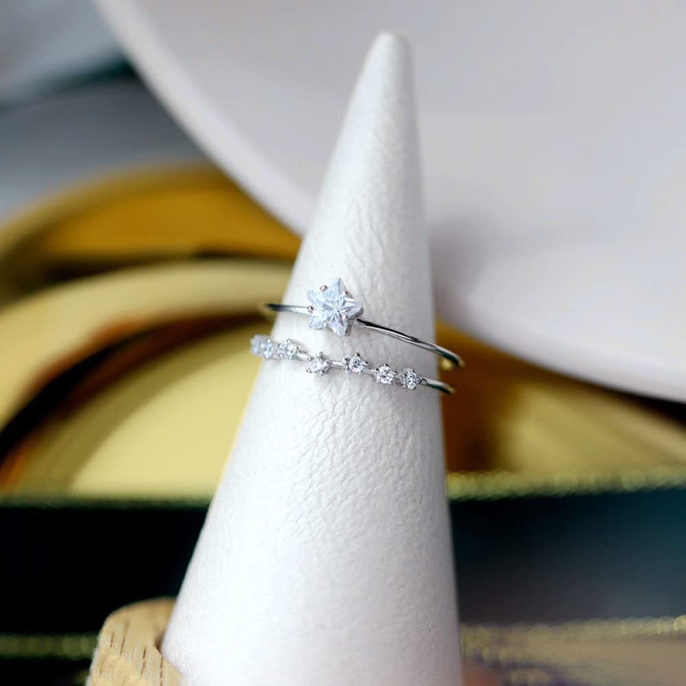 HGJH Ring Silber 925 Damen, S925 Sterling Silber Sterne Ring Verstellbare Ringe Doppelschicht Offener Ring Silber Daumenring Ewigkeitsring Hochzeit Charme Schmuck Geschenke Für Männer Mädchen Damen