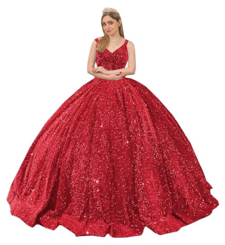 TRHTX Sparkly Sequin Quinceanera Dresses Puffy Ball Gown Long Spaghetti Straps Prom Dresses