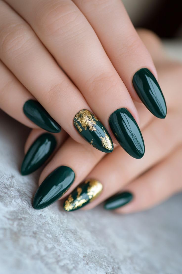 Set Of 14Pc, Nail Extensions for Women, Glossy Dark Green With Golden Foil Design, Short Almond Shape, Press-On Artificial Nails With Free Glue Kit-image-44